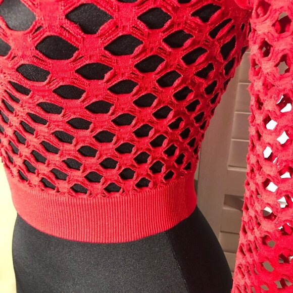 Vintage Red Y2K Mesh Top Fishnet Stretch Long Sleeve Size S M - Picture 7 of 9